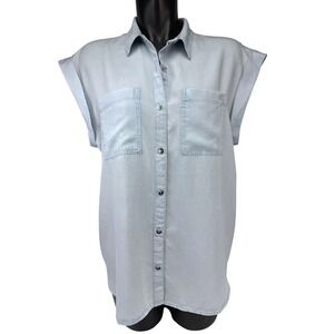 CALVIN KLEIN Jeans Cap Sleeve Button-Up Shirt Light Wash Blue Top Size L